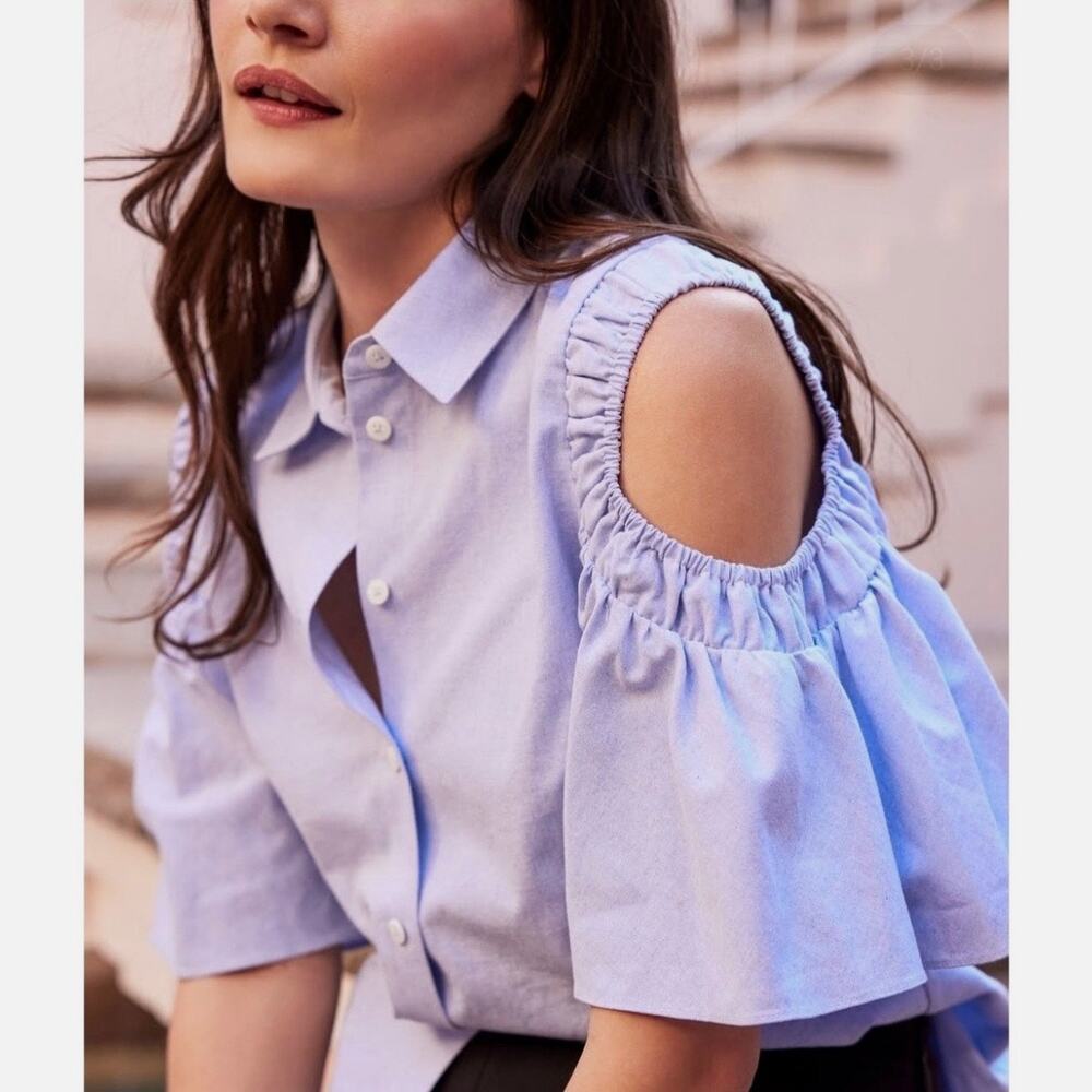 Pearl By Lela Rose Blue Flutter Sleeve Oxford Chambray Button-Up Shirt SIZE 4
